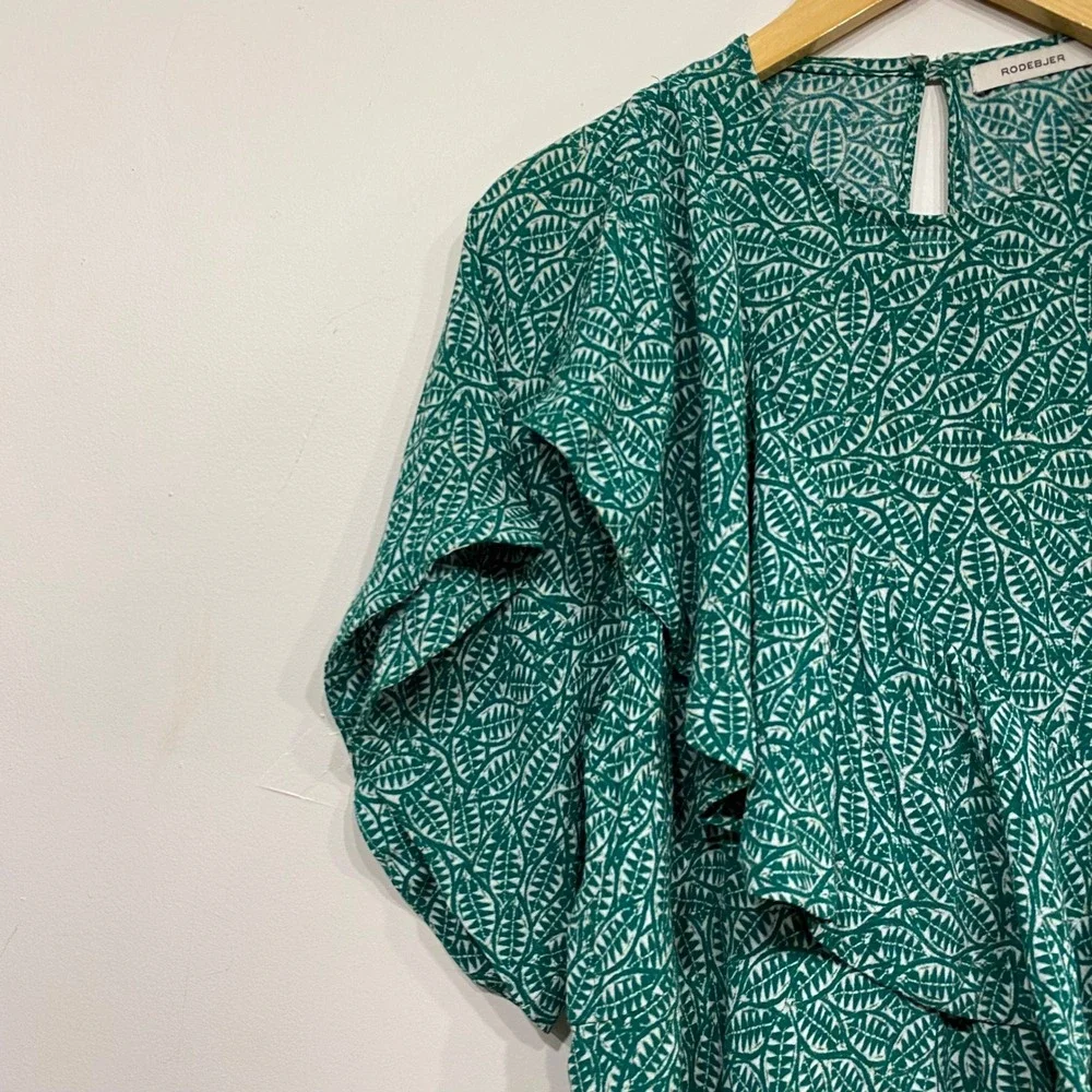 Rodebjer Andrea Green Leaf Print Draped Ruffle Blouse Top Womens XS Viscose